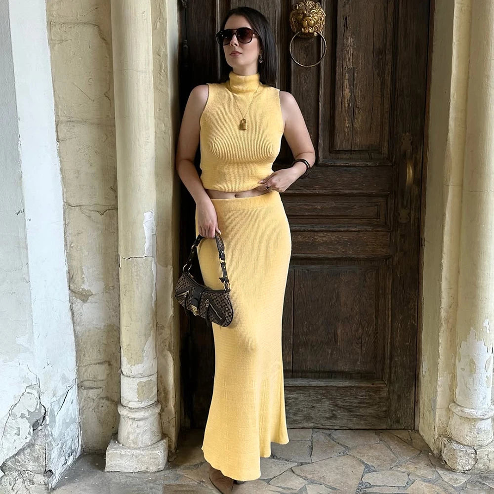 Tuularose Elegant Long Skirt Two-piece Set Women's Sleeveless Knitted Turtleneck Vest Slim Skirt Set 2025 New Fashion Skirt Set