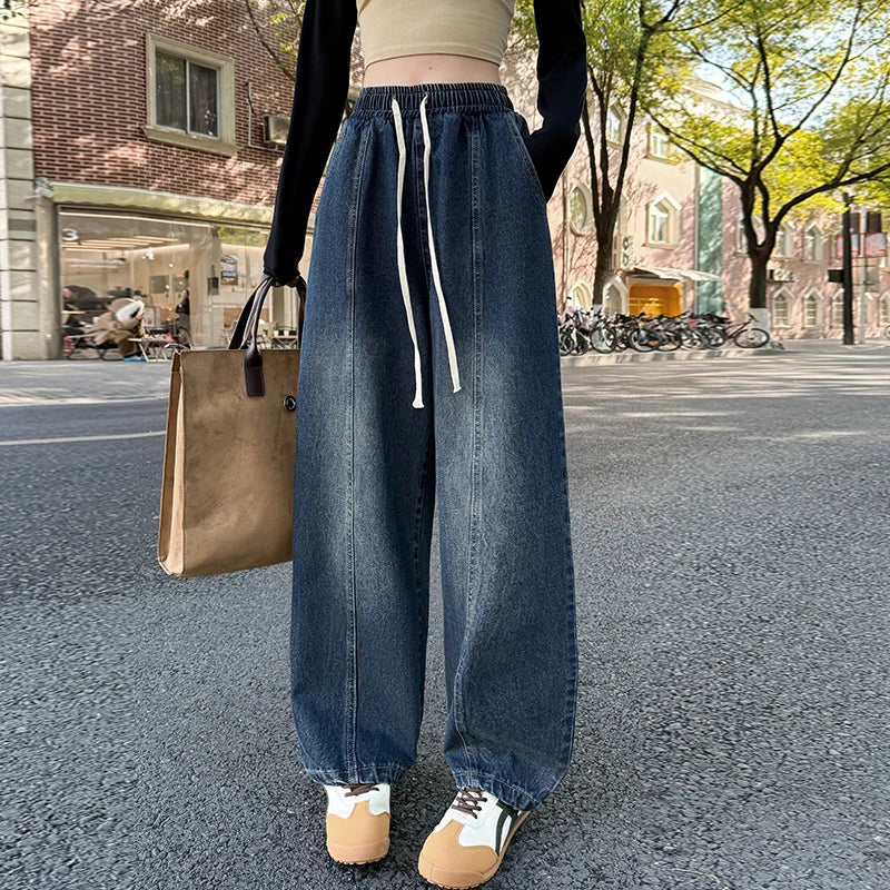 Spring Summer Women Jeans European Style High Waist Slimming Loose Straight Floor Length Harem Wide Leg Trousers Sickle Pants﻿