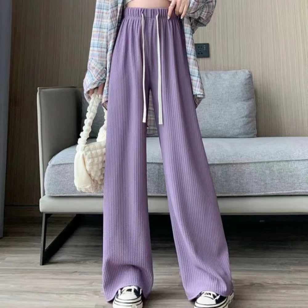 Autumn New Elastic Waist Drawstring Casual Straight Sporty Casual Wide Leg Pants Solid All-Match Basic Trousers Women Clothes