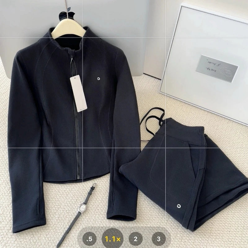 Sweatshirts Sweatpants 2 Pieces Set for Woman Autumn Stand Up Collar Casual Zipper Jacket Suit Fashion Loose Straight Trousers