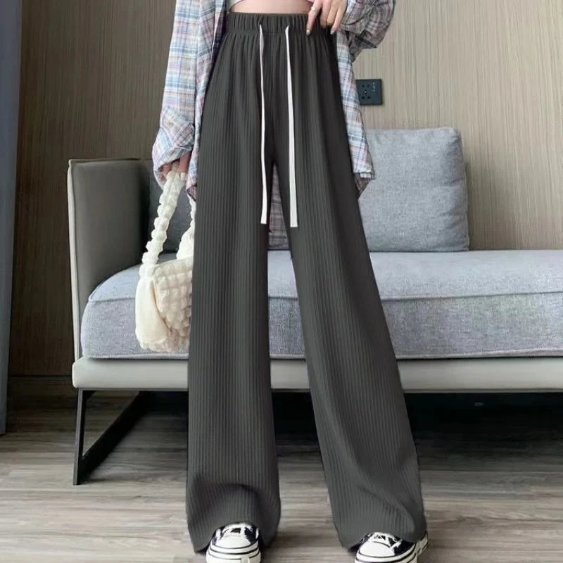 Autumn New Elastic Waist Drawstring Casual Straight Sporty Casual Wide Leg Pants Solid All-Match Basic Trousers Women Clothes