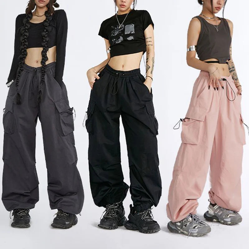 Big Size Female High Street Cargo Pants Lady Baggy High Waist Straight Leg Trousers Girls Classic Fashion Drawstring Pants