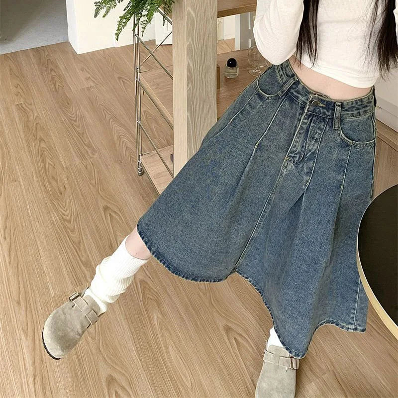 Summer Lady High Waist Thin Pleated Jeans Skirts Women Retro Solid Mid-Long Denim Skirts Girls Casual Fashion A-line Dress