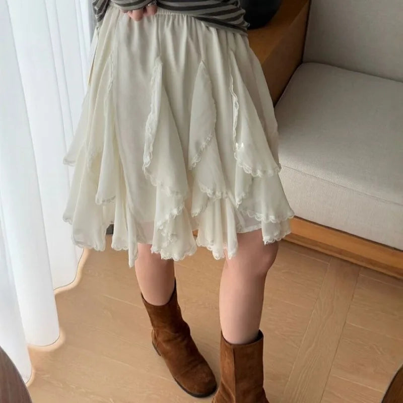 Women's Tutu Tulle Skirt Asymmetrica Chiffon Korean Version Elastic Waist Knee-Length Lace Splicing Layered Puffy Cake Skirt