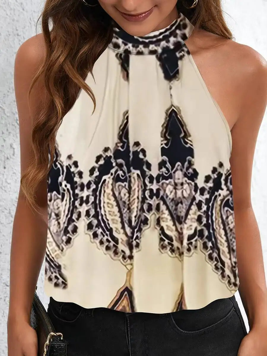 Women's Vest Tank Top Spring Summer Beige Black Paisley Lace Print Halter Neck Sleeveless Loose Basic Casual Daily Fashion Top
