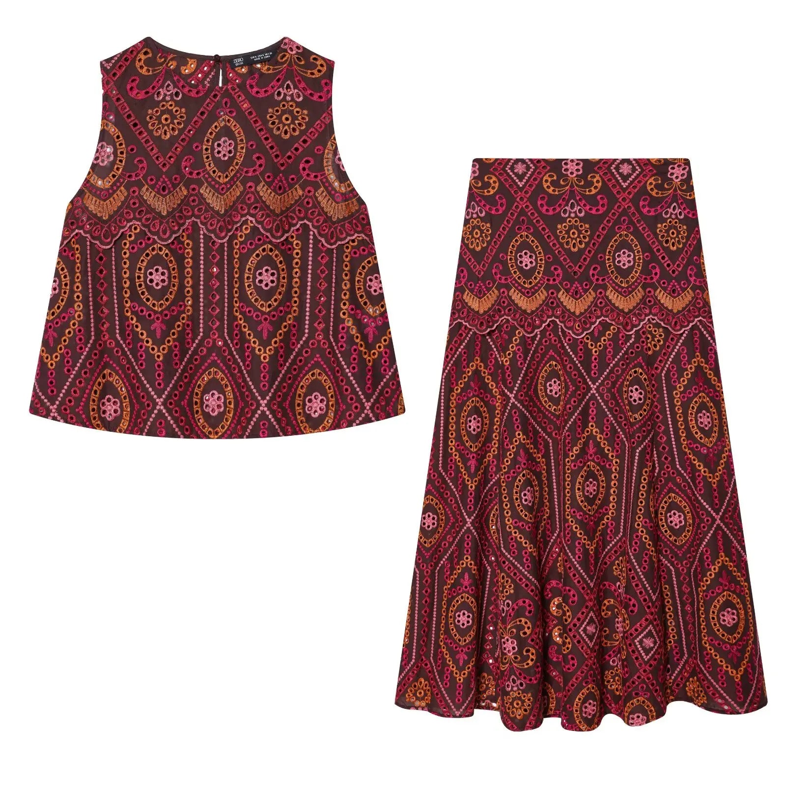 HH Woman Fashion O-Neck Embroidery Hollow Sleeveless Short Tops+Side Zipper Pleated Midi Skirt Casual Printed Spring 2 Piece Set