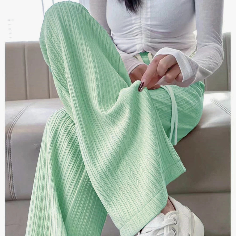Autumn New Elastic Waist Drawstring Casual Straight Sporty Casual Wide Leg Pants Solid All-Match Basic Trousers Women Clothes