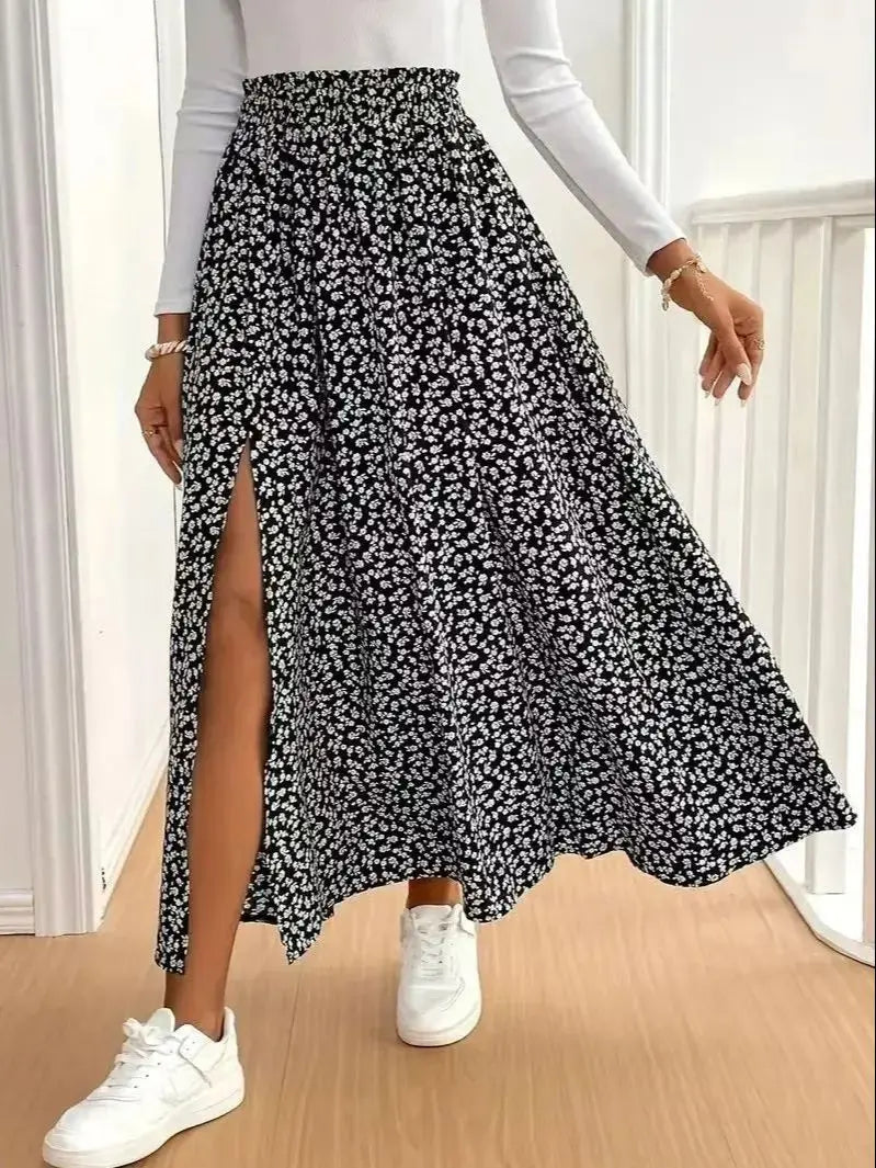 2026 Autumn New Floral Half length Skirt with Split A-line Hip Wrap and Middle Waist Skirt