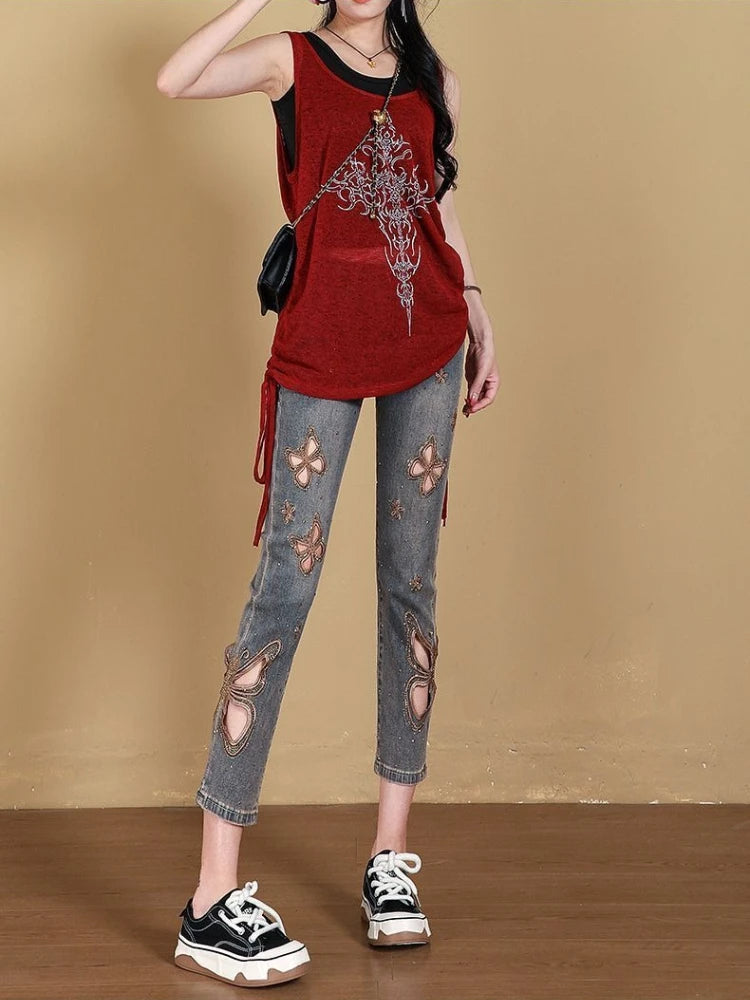 2026 Summer Women's Jeans Butterfly Embroidery Hollow Out Denim Pants Slim Fit Thin Casual Trousers Streetwear