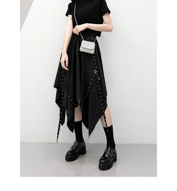 Irregular Skirt Girl's New Dark Tie Street Punk Wind Weave Buckle Medium-length Y2k Gothic Long Skirt