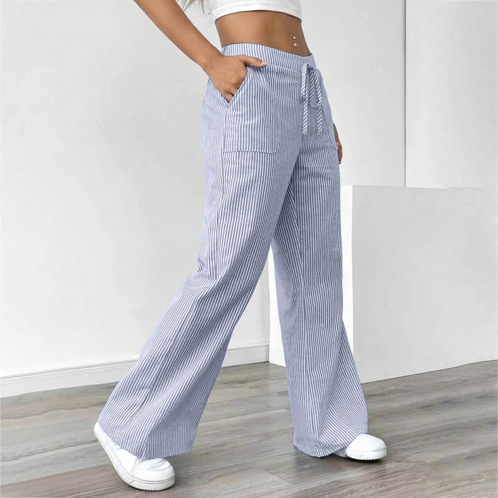 women's fashion Linen Straight Pants Drawstring Elastic high Waist Wide Leg Pants Vertical stripes print Trousers With Pockets