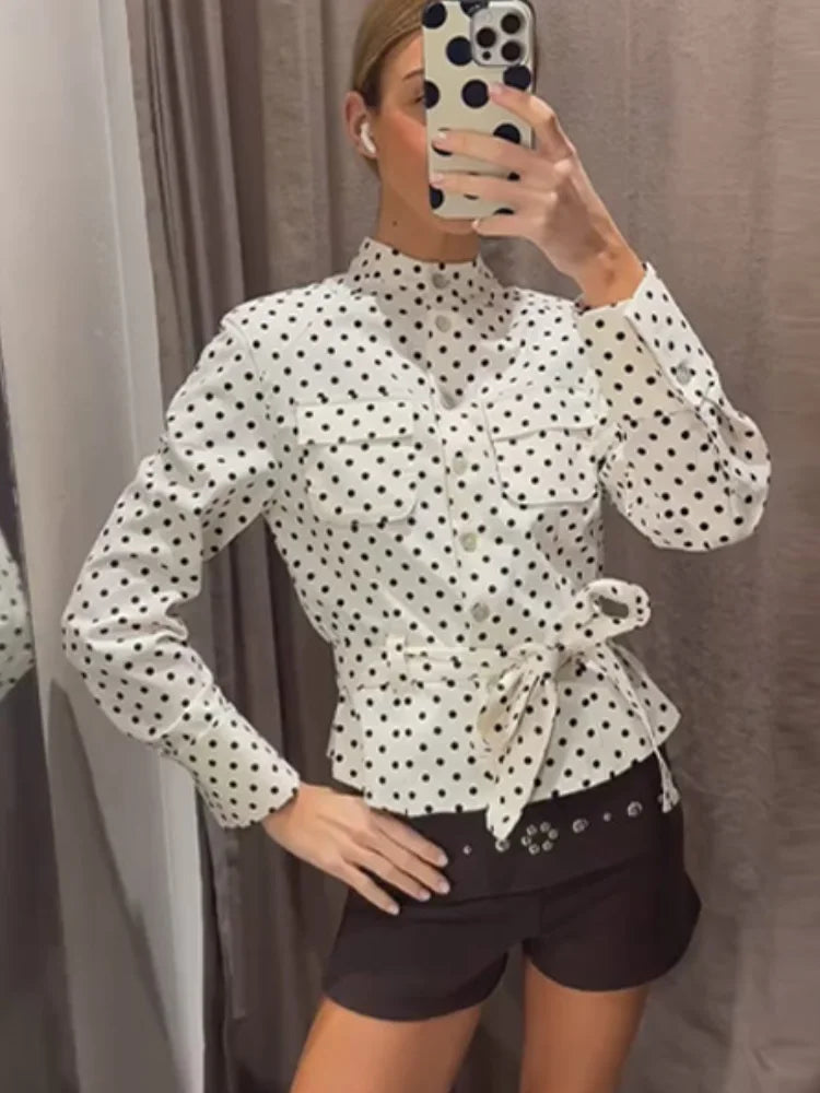 2026 Spring Polka Dot Capri Pants Sets Chic Women Stand Collar Lace Up Jacket High Waist Pencil Pants Lady 2 Pcs Outfits Street