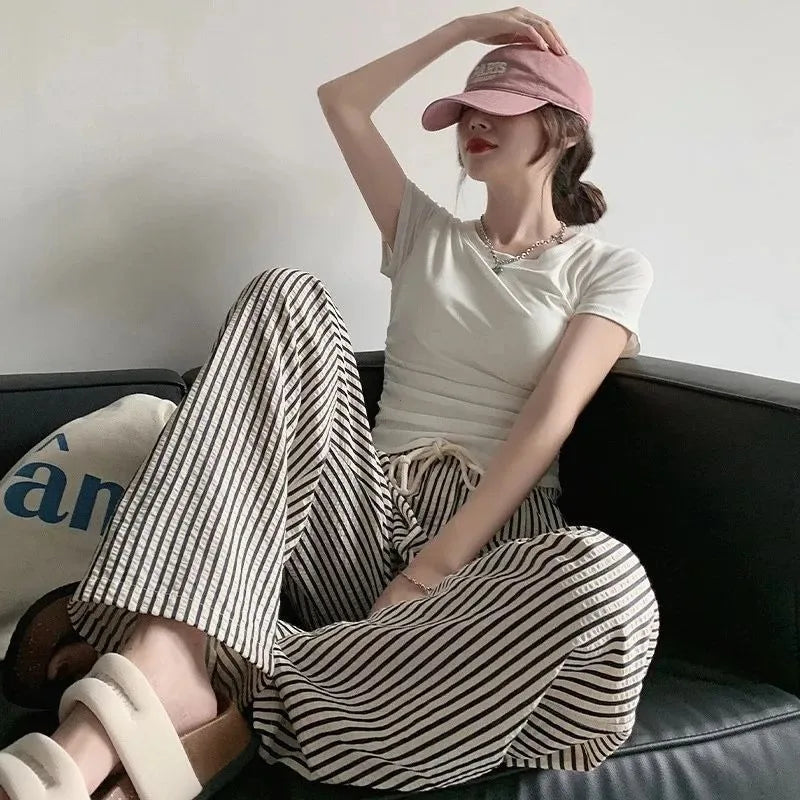 Korean Laid-ba Striped Drapey Casual Pants Women's High-waist Elastic Thin Straight Long Trousers Summer Fashion Commute