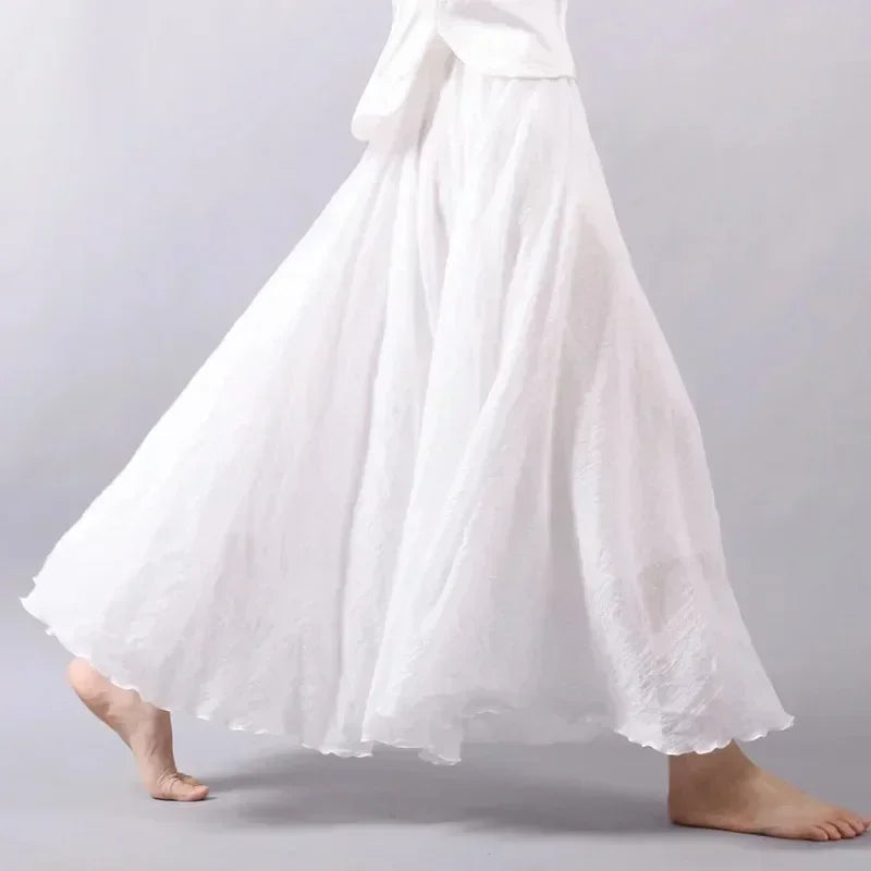 Boho Beach Women's Skirt - Linen Cotton Blend Elastic Waist Long Pleated Maxi, Vintage Summer Casual Skirt Faldas Saia