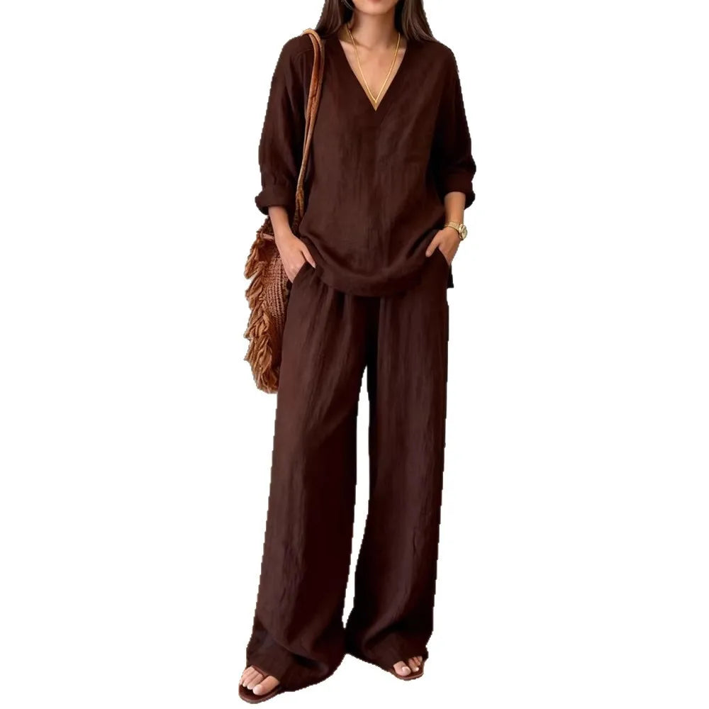 Casual Cotton Pants Sets Women Summer 2026 Fashion Long Sleeve V-neck Loose Tops 2 Piece Set Woman Outfits Elegant
