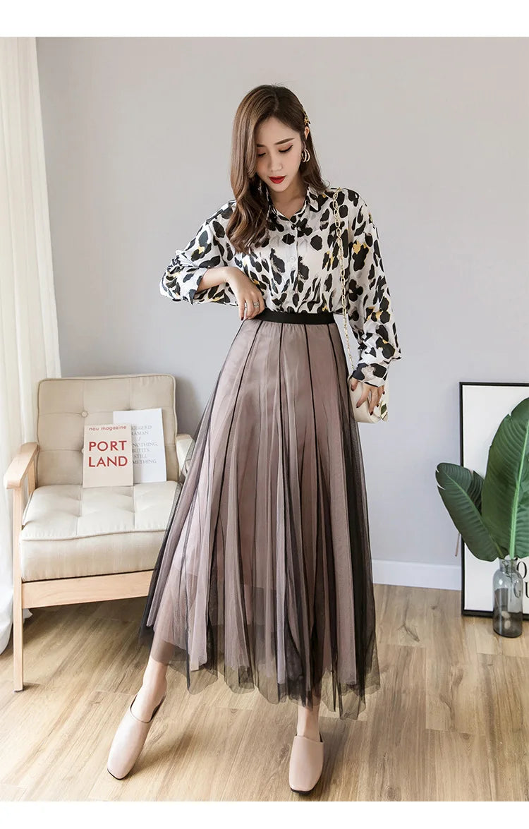 Vintage Tulle Skirt Women Elastic High Waist  3 Layers  A-line Pleated Mesh Skirt Long Bride Tutu Skirts Female Jupe Longue
