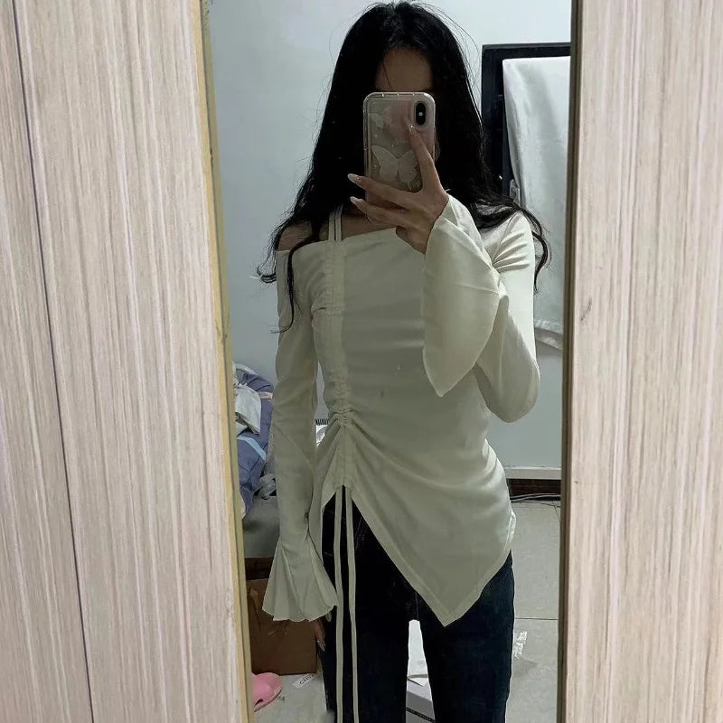 Spring Autumn Cotton Flare Sleeve T Shirts Women Solid Bodycone Basic Long Sleeve Crop Tops Casual Shirring Off-shoulder Tees