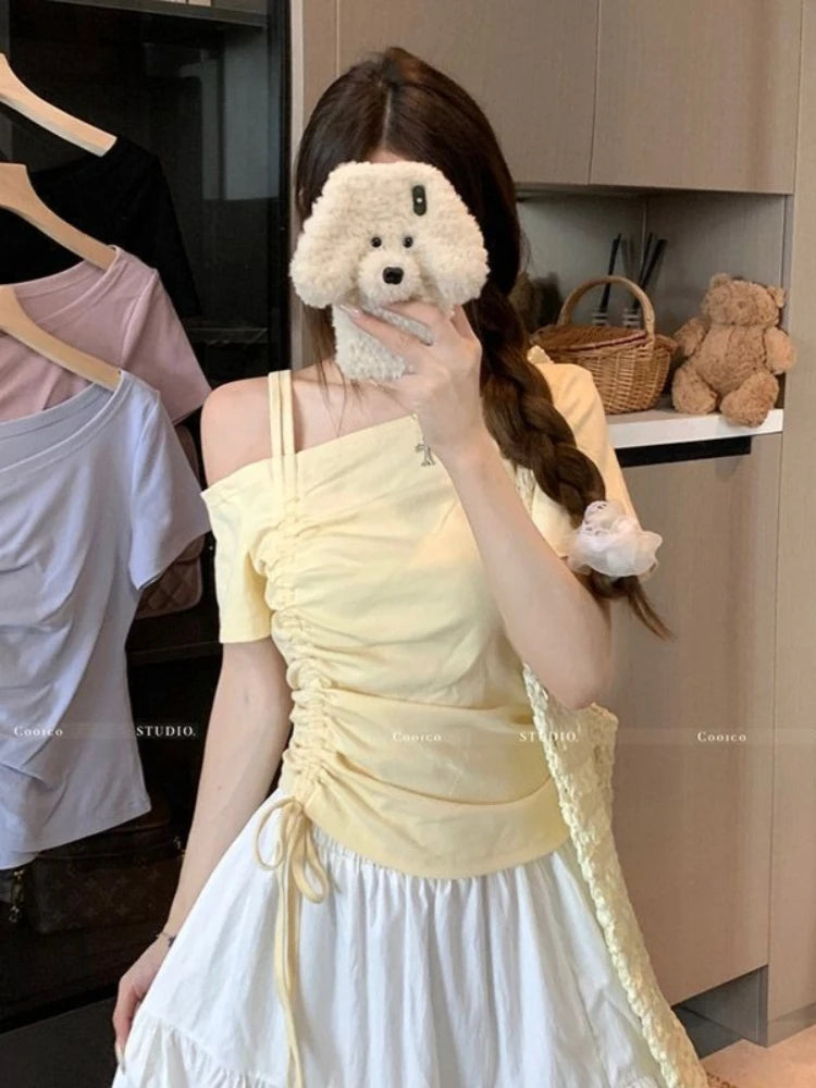 Sweet One shoulder Drawstring Short sleeve T shirt Women Summer Off shoulder Top Elegant Sexy Solid color Cropped Basic Blouse