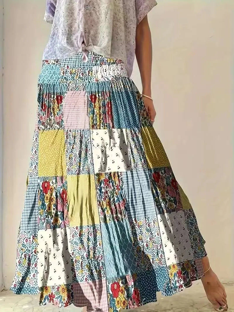 Women's Printed Shirred High Waist Skirt, Elegant Style, Suitable for Casual Vacation Wear