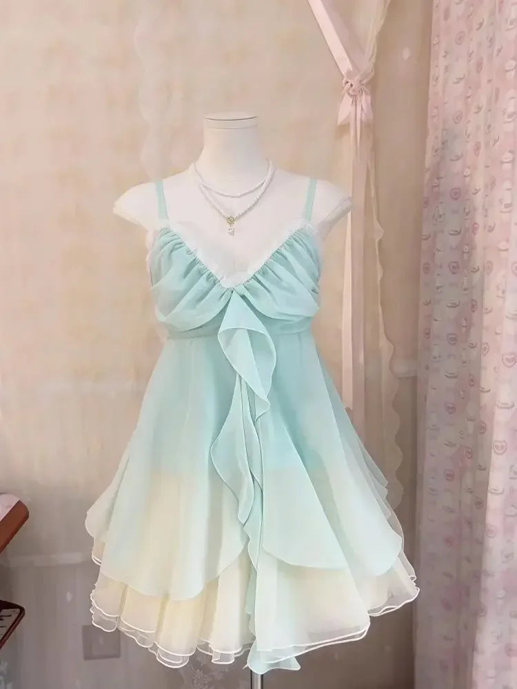 New Vintage Summer Women Sets Elegant Ruffle Lace Chiffon Design Mini Skirt Suit Fairy Female Sweet Korean Fashion Outfits 2026